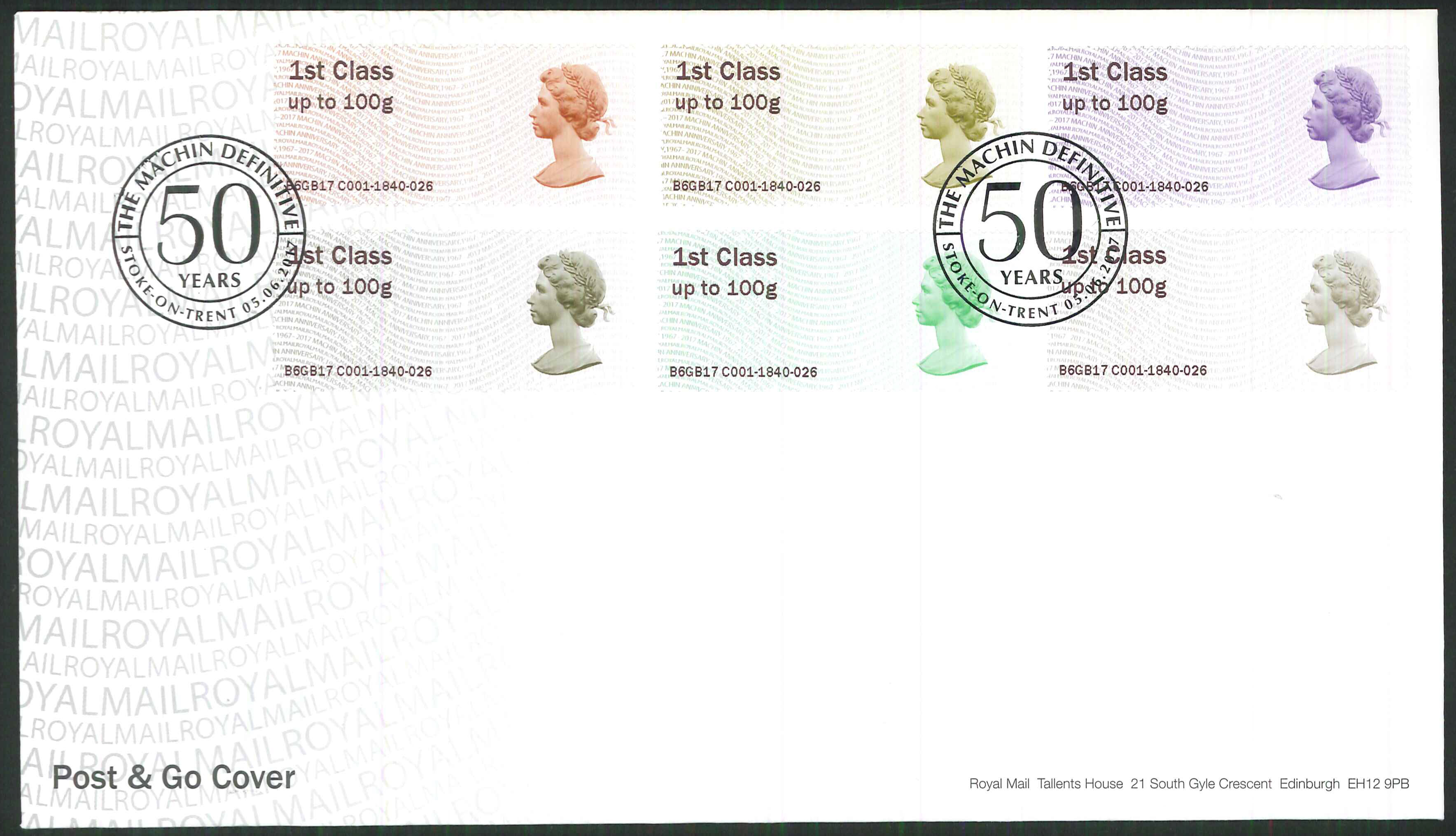 2017 - First Day Cover Machin Post & Go 6 1st 50 years Stoke on Trent Postmark - Click Image to Close